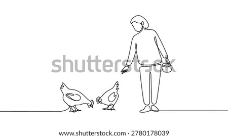 Person in simple attire feeding two chickens with a small container in minimalist line