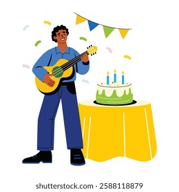 Person singing birthday song and playing guitar, flat illustration