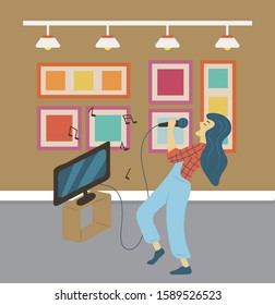 Person singing at home vector pastime, tv set with screen and lyrics of song. Female singer practicing at bar, woman entertaining developing hobby skill