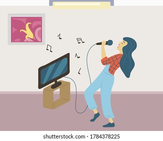 Person singing at home vector pastime, tv set with screen and lyrics of song. Female singer practicing at bar, woman entertaining developing hobby skill
