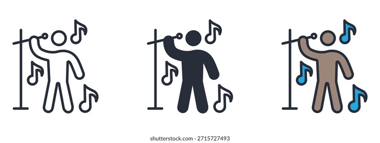 Person, die mit Mikrofon und Notensymbol singt, die Karaoke- oder Gesangsdarbietung symbolisieren