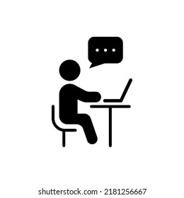 Person Sit and Use Computer Silhouette Icon. Online Training Video Conference Chat on Laptop Pictogram. Virtual Webinar Meeting Discussion Black Icon. Isolated Vector Illustration.