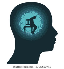 Persona sentada dentro de una cabeza. Símbolo psicológico y de salud mental de la prisión mental y la restricción. Mentalidad fija.