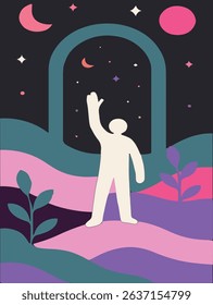 A person sits atop a giant head, surrounded by stars and planets, symbolizing introspection and the universe within the mind.