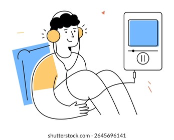 A person sits comfortably with headphones, enjoying relaxing audiobook listening through digital device, symbolizing modern leisure and entertainment technology