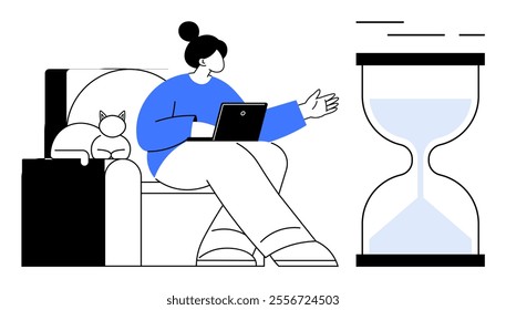 A person sits comfortably on a chair with a laptop, accompanied by a cat. A large hourglass is positioned nearby. Ideal for remote work, time management, productivity, work-home balance, and pet