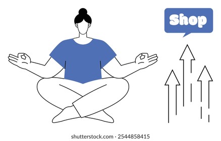 A person sits cross-legged meditating. A blue shop tag and upward arrows indicate growth. Ideal for mindfulness, e-commerce, business growth, success, minimalism. Vector art in simple style