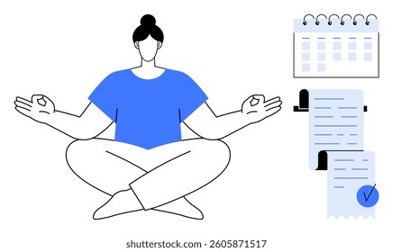 A person sits cross-legged meditating while surrounded by a calendar and documents. Ideal for work-life balance stress management time management mindfulness goal setting. Minimalist modern design
