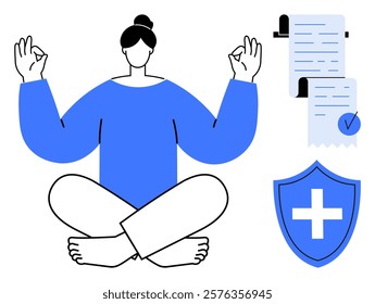 A person sits cross-legged in a meditative pose with a calm expression. Visible are insurance-related documents and a shield symbol with a cross. Ideal for mindfulness, wellness, insurance, health