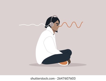 A person sits cross-legged on the floor, immersed in a calming experience while wearing stylish noise cancelling headphones, Softening sound waves suggest serenity and focus