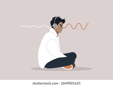A person sits cross-legged on the floor, immersed in a calming experience while wearing stylish noise cancelling headphones, Softening sound waves suggest serenity and focus