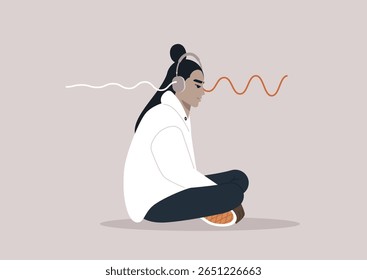 Uma pessoa senta-se com as pernas cruzadas no chão, imersa em uma experiência calmante enquanto usa fones de ouvido com cancelamento de ruído elegante, ondas de som suavizantes sugerem serenidade e foco