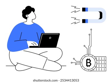 A person sits cross-legged using a laptop while a magnet and Bitcoin symbol highlight the cryptocurrency concept. Ideal for technology finance cryptocurrency attraction online business innovation