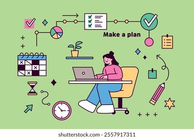 A person sits at a desk making New Year's resolutions. Icons of plans are organized around her. outline simple vector illustration.