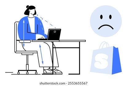 A person sits at a desk using a laptop, arrows indicating discomfort or strain. Nearby, a sad face and a bag with an S are visible. Ideal for health, technology, ergonomics, emotions, workplace