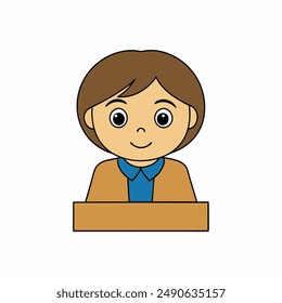 A person sits in front of a desk and looks icon in white background