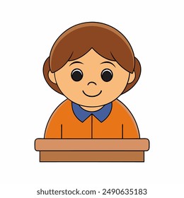 A person sits in front of a desk and looks icon in white background