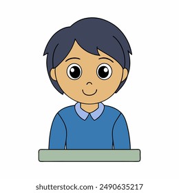 A person sits in front of a desk and looks icon in white background
