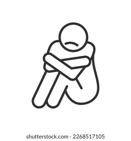 Person sits and hugs himself, linear icon. Bad condition, sadness, loneliness. Line with editable stroke