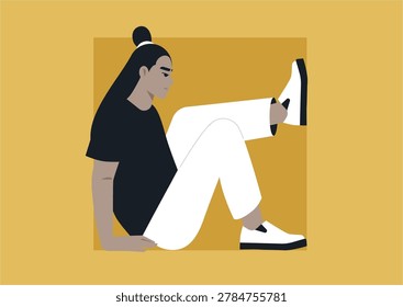A person sits inside a square frame, symbolizing the boundaries of personal growth and the tension between comfort, restraint, and stepping beyond familiar limits