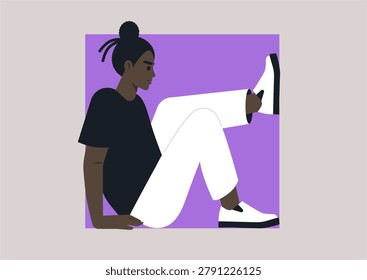 A person sits inside a square frame, symbolizing the boundaries of personal growth and the tension between comfort, restraint, and stepping beyond familiar limits