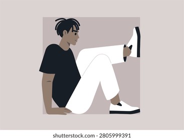 A person sits inside a square frame, symbolizing the boundaries of personal growth and the tension between comfort, restraint, and stepping beyond familiar limits