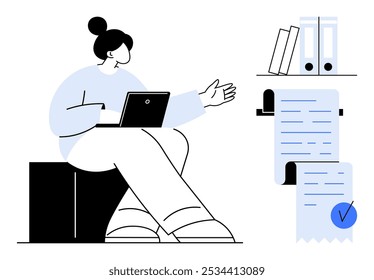 A person sits with a laptop, pointing towards books and files on a shelf. Receipts or documents are shown with a blue checkmark. Ideal for work, organization, productivity, documentation, office