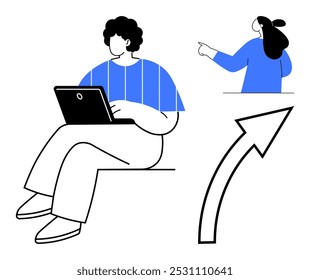 Person sits with laptop while another person points upward. Upward arrow symbolizes progress or direction. Ideal for teamwork, productivity, communication, growth, and remote work themes. Flat