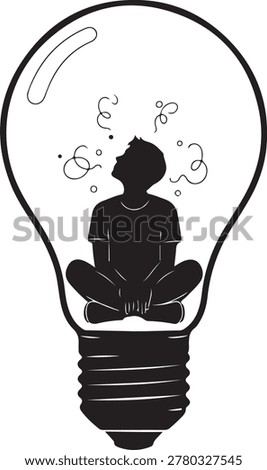 A person sits in a meditative pose within the confines of a light bulb. Swirling lines and dots suggest thought or inspiration emanating from their head.