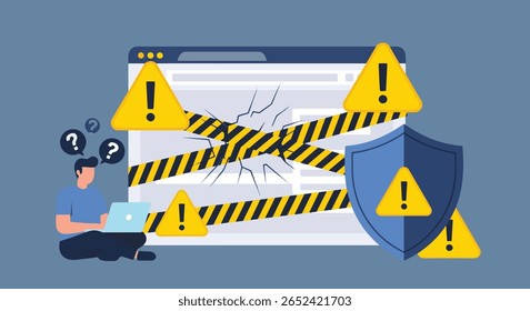 Uma pessoa senta-se no chão usando um laptop, contemplando uma página web rachada cercada por fita de cuidado e um escudo, simbolizando problemas de segurança do site e...