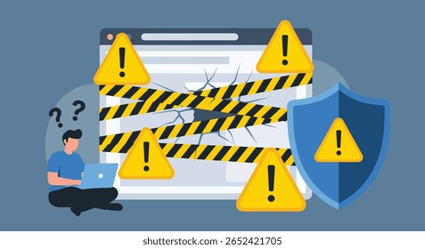 A person sits on the floor using a laptop, perplexed by a cracked webpage surrounded by caution tape and warning signs. A shield offers a sense of protection.