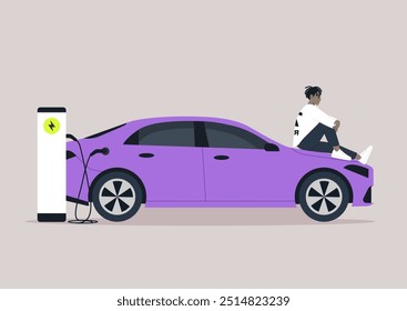 A person sits on the hood of a vibrant electric car, taking a break as the vehicle charges in an inviting urban environment