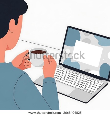 A person sits at a table, holding a coffee cup and looking at a laptop. The laptop screen shows a blank white space on a blue background.