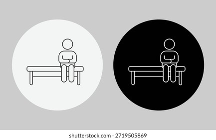 Pessoa Sentada Sozinha no Ícone do Banco, Símbolo de Arte em Linha Minimalista para Esperar, Solidão, Paciência, Assentos em Parque Público e Consciência de Saúde Mental