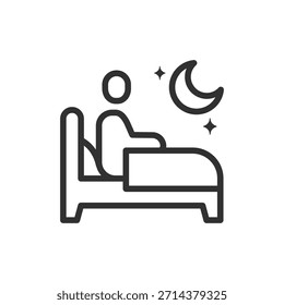 Pessoa sentada na cama à noite, ícone linear. Insônia e distúrbio do sono. Linha com traçado editável.