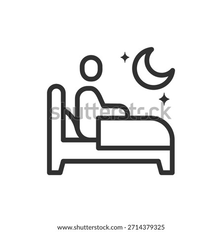 Person sitting in bed at night, linear icon. Insomnia and sleep disorder. Line with editable stroke.