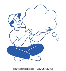 Person sitting beneath a large creative thought cloud.
