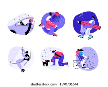 A person sitting in a car, a boy playing basketball, and a woman feeding her dog a woman cycling and a guy climbing a cliff bubble background. People and Activities.  Vector illustration