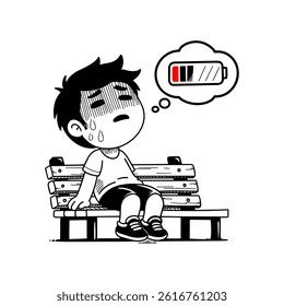 A person sitting in a chair looks exhausted as depicted by the nearly dead battery.