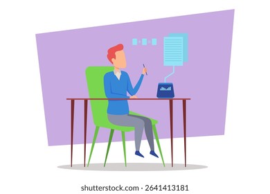 Person sitting at chair working intently at table. Man holding pen while looking at laptop with data visualizations
