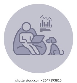 Pessoa sentada confortavelmente em cadeira de saco de feijão usando laptop, enquanto cão sentado atentamente ao lado dele. Gráficos em segundo plano que indicam o ambiente de trabalho