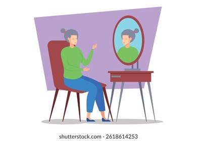 Person sitting comfortably in modern chair, engaged in self-reflection while looking into stylish mirror. Importance of beauty and personal grooming concept