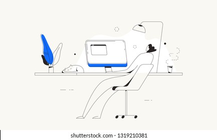 Person sitting at a computer desk at home with cat. Comfortable workplace. Freelance work. Trendy vector illustration