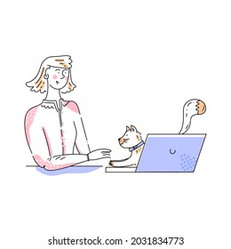 Person sitting at a computer desk at home with cat. Comfortable workplace. Freelance work. Trendy vector illustration.