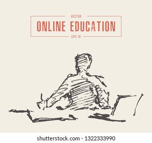 A person sitting at a computer taking online courses. Remote education. Hand drawn vector illustration, sketch