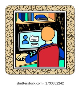 A person sitting at a computer. Through the window of the apartment you can see how you communicate online, working, solve business matters or studying at a distance with various technologies.Vector