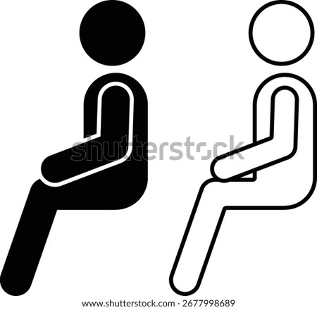 Person sitting with correct posture, side view pictogram. 5-head body proportion. Solid and outline icons in black and white, suitable for health, office, education, and posture guide.