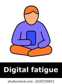 Pessoa sentada com as pernas cruzadas com o dispositivo, simbolizando o uso excessivo móvel, dependência digital, fadiga da postura, tempo de tela estendido, esgotamento.