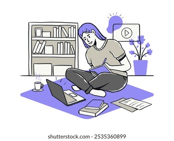 A person sitting cross-legged on the floor with a book, taking notes while a laptop and other books are nearby