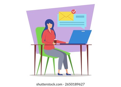 Persona sentada en el escritorio, participando activamente con la computadora portátil mientras sostiene la bebida, con la notificación anterior
